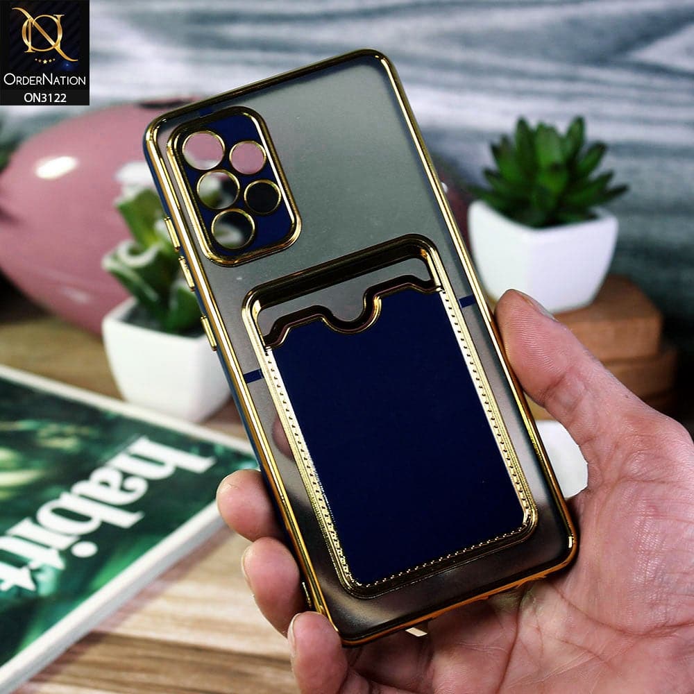 Samsung Galaxy A72 Cover - Blue - Semi Transparent Golden Electroplated Soft Border Camera Protection Case With Card Holder
