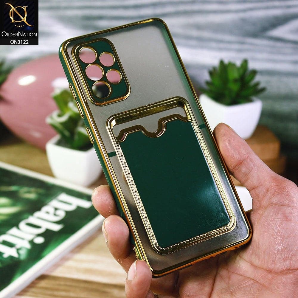 Samsung Galaxy A72 Cover - Dark Green - Semi Transparent Golden Electroplated Soft Border Camera Protection Case With Card Holder