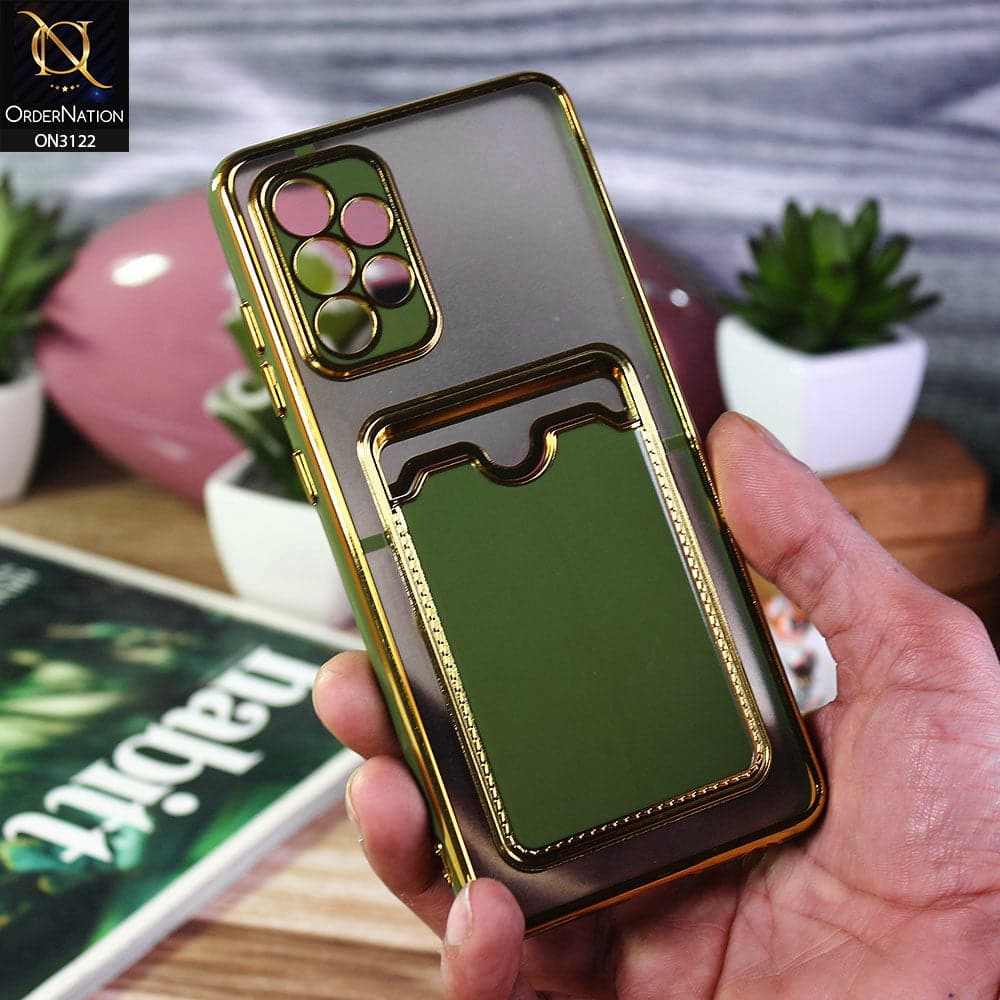 Samsung Galaxy A72 Cover - Light Green - Semi Transparent Golden Electroplated Soft Border Camera Protection Case With Card Holder
