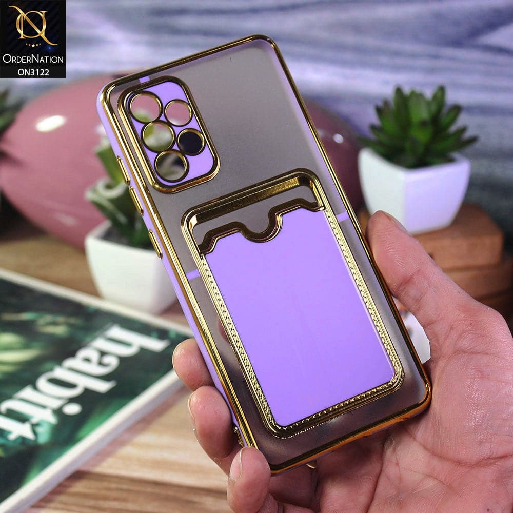 Samsung Galaxy A72 Cover - Purple - Semi Transparent Golden Electroplated Soft Border Camera Protection Case With Card Holder