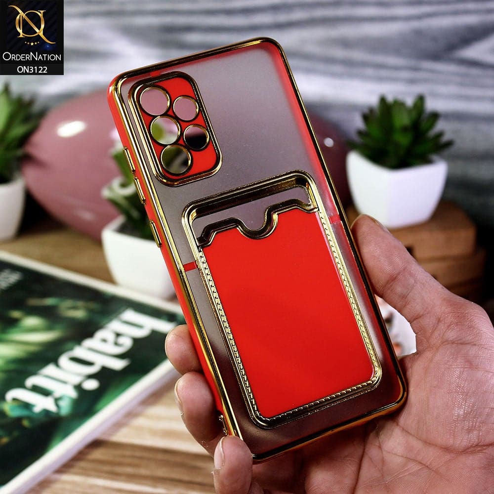 Samsung Galaxy A72 Cover - Red - Semi Transparent Golden Electroplated Soft Border Camera Protection Case With Card Holder