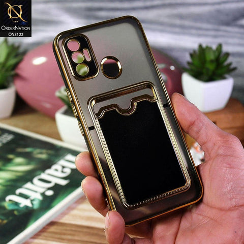 Tecno Spark 7 Cover - Black - Semi Transparent Golden Electroplated Soft Border Camera Protection Case With Card Holder