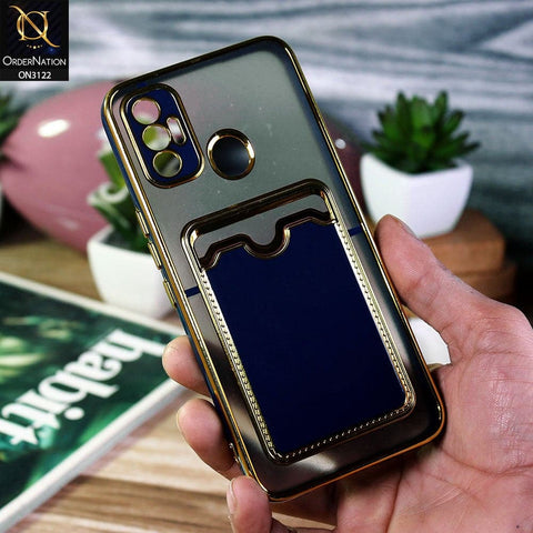 Tecno Spark 7 Cover - Blue - Semi Transparent Golden Electroplated Soft Border Camera Protection Case With Card Holder