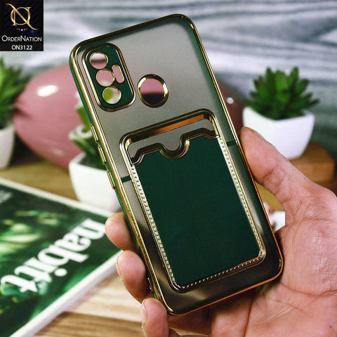 Tecno Spark 7 Cover - Dark Green - Semi Transparent Golden Electroplated Soft Border Camera Protection Case With Card Holder