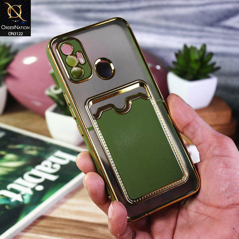 Tecno Spark 7 Cover - Light Green - Semi Transparent Golden Electroplated Soft Border Camera Protection Case With Card Holder