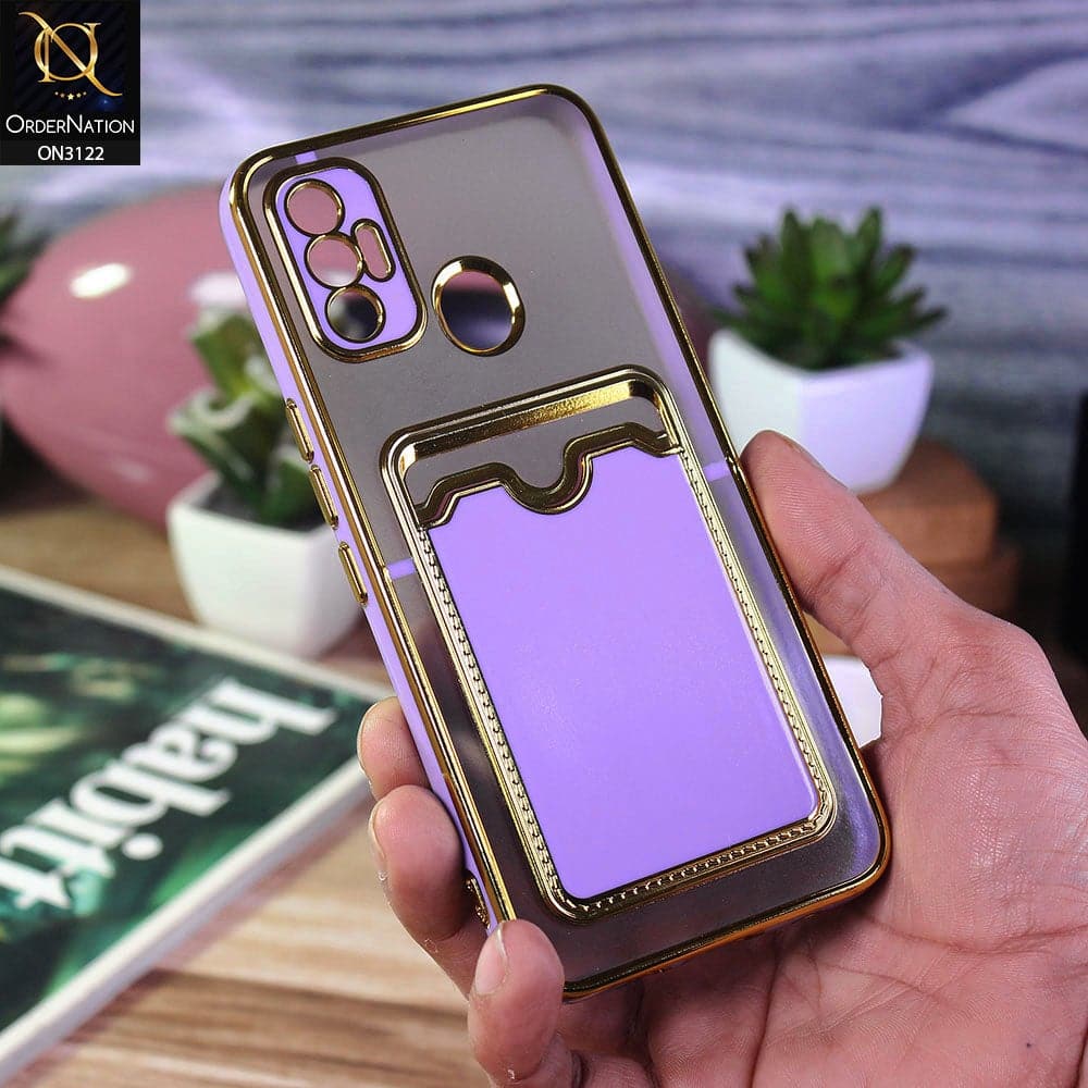 Tecno Spark 7 Cover - Purple - Semi Transparent Golden Electroplated Soft Border Camera Protection Case With Card Holder