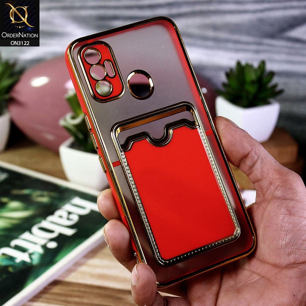 Tecno Spark 7 Cover - Red - Semi Transparent Golden Electroplated Soft Border Camera Protection Case With Card Holder