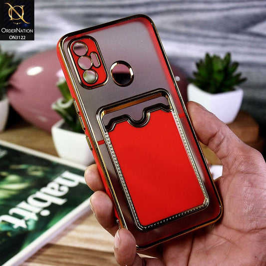 Tecno Spark 7 Cover - Red - Semi Transparent Golden Electroplated Soft Border Camera Protection Case With Card Holder