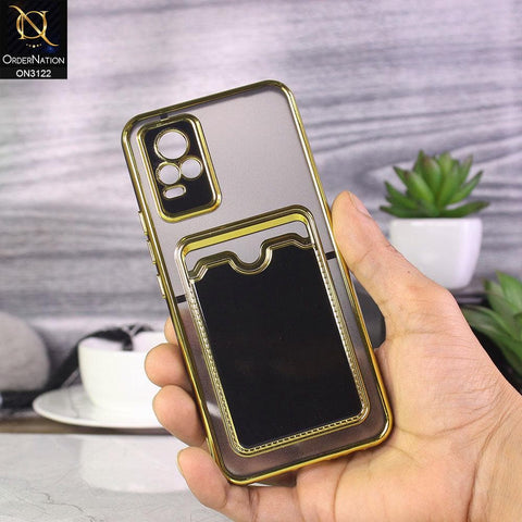 Vivo V20 Cover - Black - Semi Transparent Golden Electroplated Soft Border Camera Protection Case With Card Holder