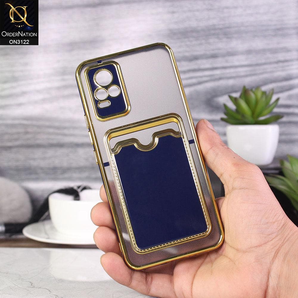 Vivo V20 Cover - Blue - Semi Transparent Golden Electroplated Soft Border Camera Protection Case With Card Holder