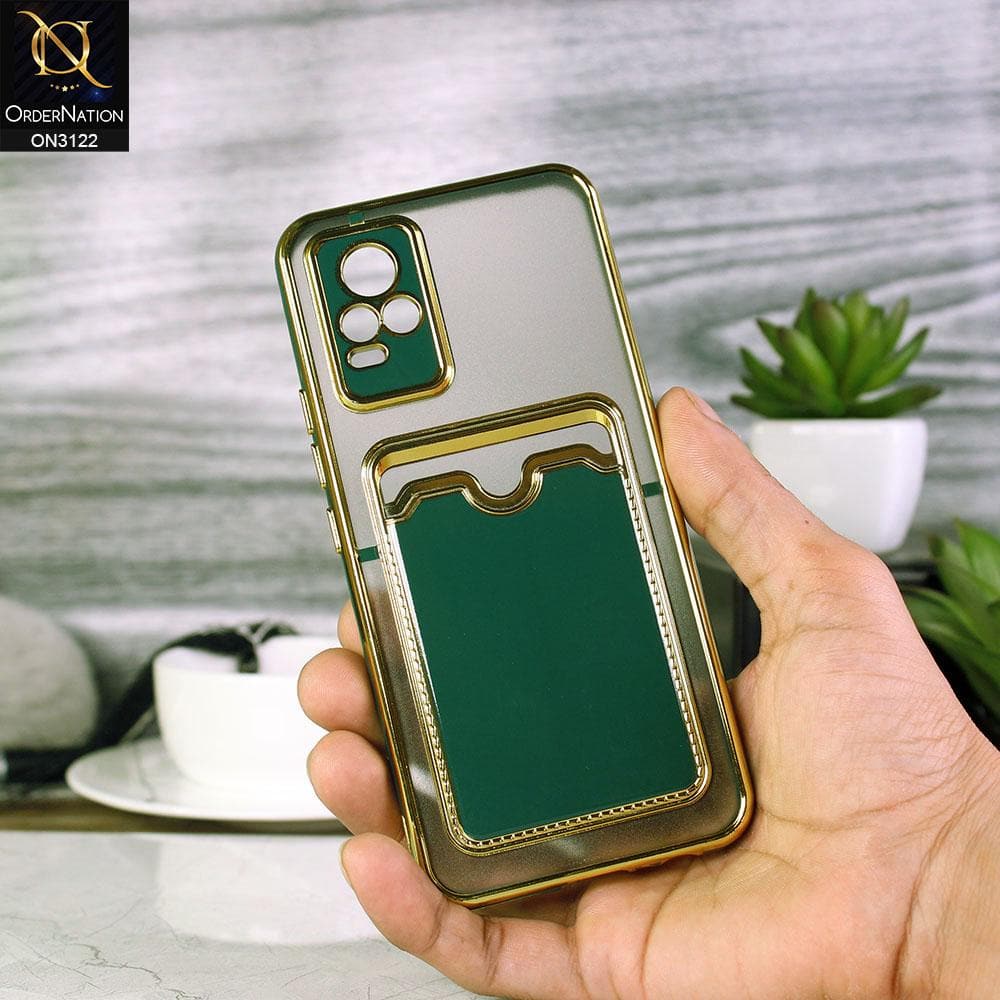 Vivo V20 Cover - Dark Green - Semi Transparent Golden Electroplated Soft Border Camera Protection Case With Card Holder