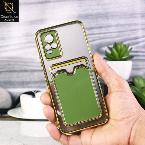 Vivo V20 Cover - Light Green - Semi Transparent Golden Electroplated Soft Border Camera Protection Case With Card Holder