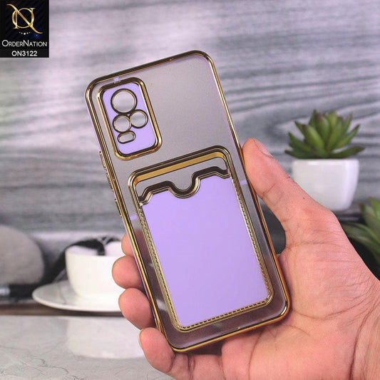 Vivo V21e Cover - Purple - Semi Transparent Golden Electroplated Soft Border Camera Protection Case With Card Holder