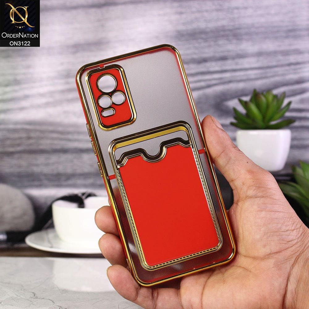 Vivo V21e Cover - Red - Semi Transparent Golden Electroplated Soft Border Camera Protection Case With Card Holder