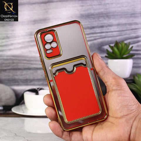 Vivo V21e Cover - Red - Semi Transparent Golden Electroplated Soft Border Camera Protection Case With Card Holder