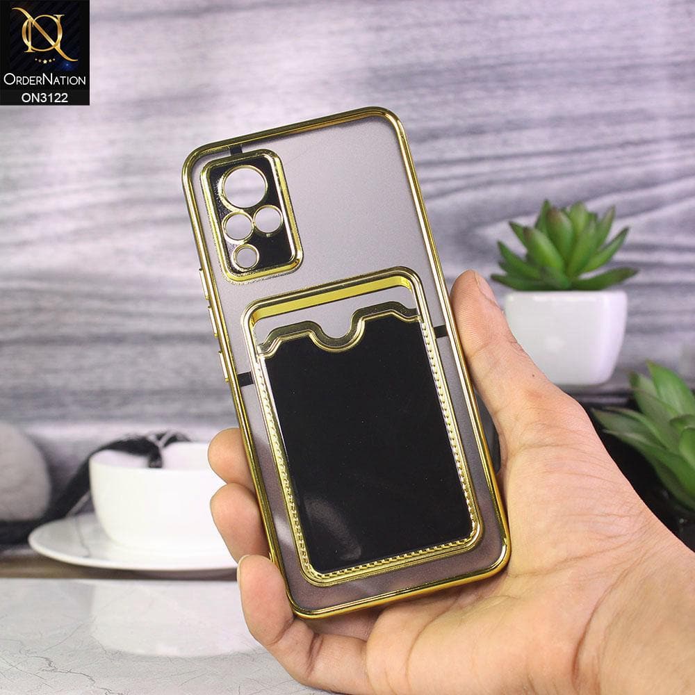 Vivo V21 Cover - Black - Semi Transparent Golden Electroplated Soft Border Camera Protection Case With Card Holder