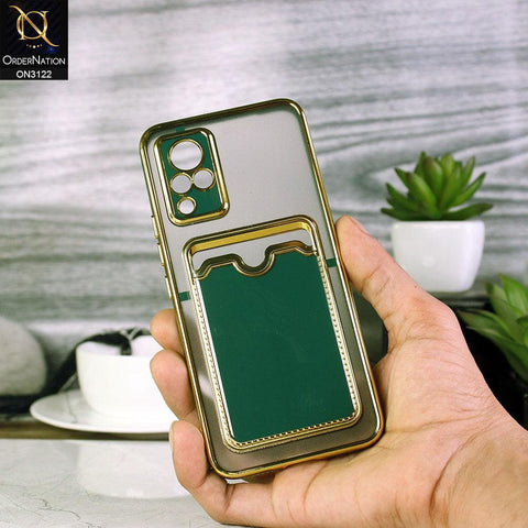 Vivo V21 Cover - Dark Green - Semi Transparent Golden Electroplated Soft Border Camera Protection Case With Card Holder
