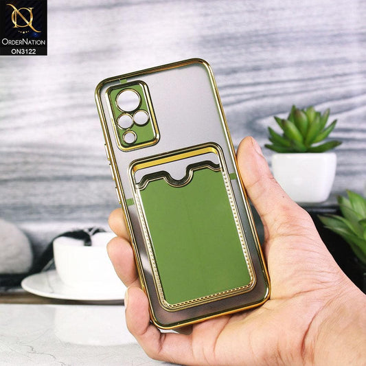 Vivo V21 Cover - Light Green - Semi Transparent Golden Electroplated Soft Border Camera Protection Case With Card Holder