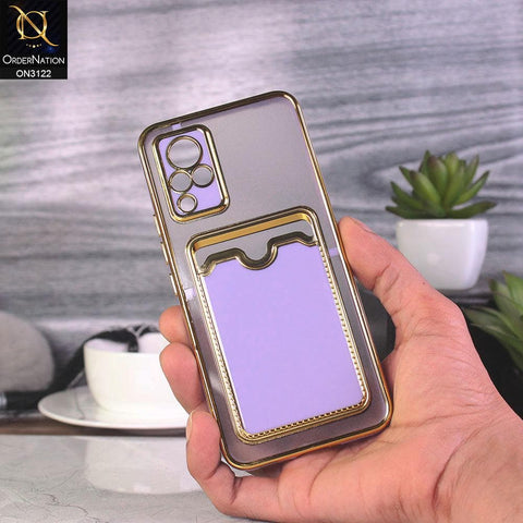 Vivo V21 Cover - Purple - Semi Transparent Golden Electroplated Soft Border Camera Protection Case With Card Holder