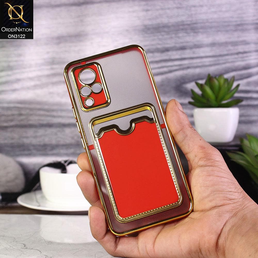 Vivo V21 Cover - Red - Semi Transparent Golden Electroplated Soft Border Camera Protection Case With Card Holder