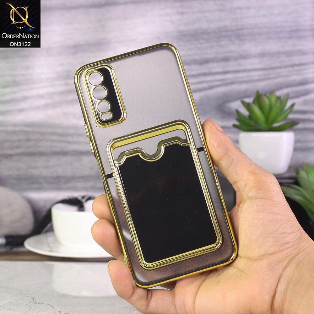 Vivo Y20i Cover - Black - Semi Transparent Golden Electroplated Soft Border Camera Protection Case With Card Holder