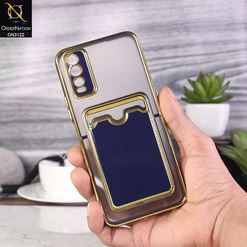 Vivo Y20 Cover - Blue - Semi Transparent Golden Electroplated Soft Border Camera Protection Case With Card Holder