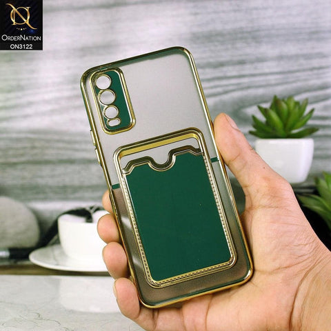 Vivo Y20s Cover - Dark Green - Semi Transparent Golden Electroplated Soft Border Camera Protection Case With Card Holder