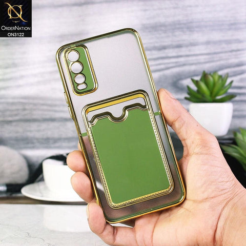Vivo Y11s Cover - Light Green - Semi Transparent Golden Electroplated Soft Border Camera Protection Case With Card Holder
