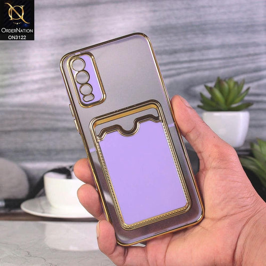 Vivo Y20 Cover - Purple - Semi Transparent Golden Electroplated Soft Border Camera Protection Case With Card Holder