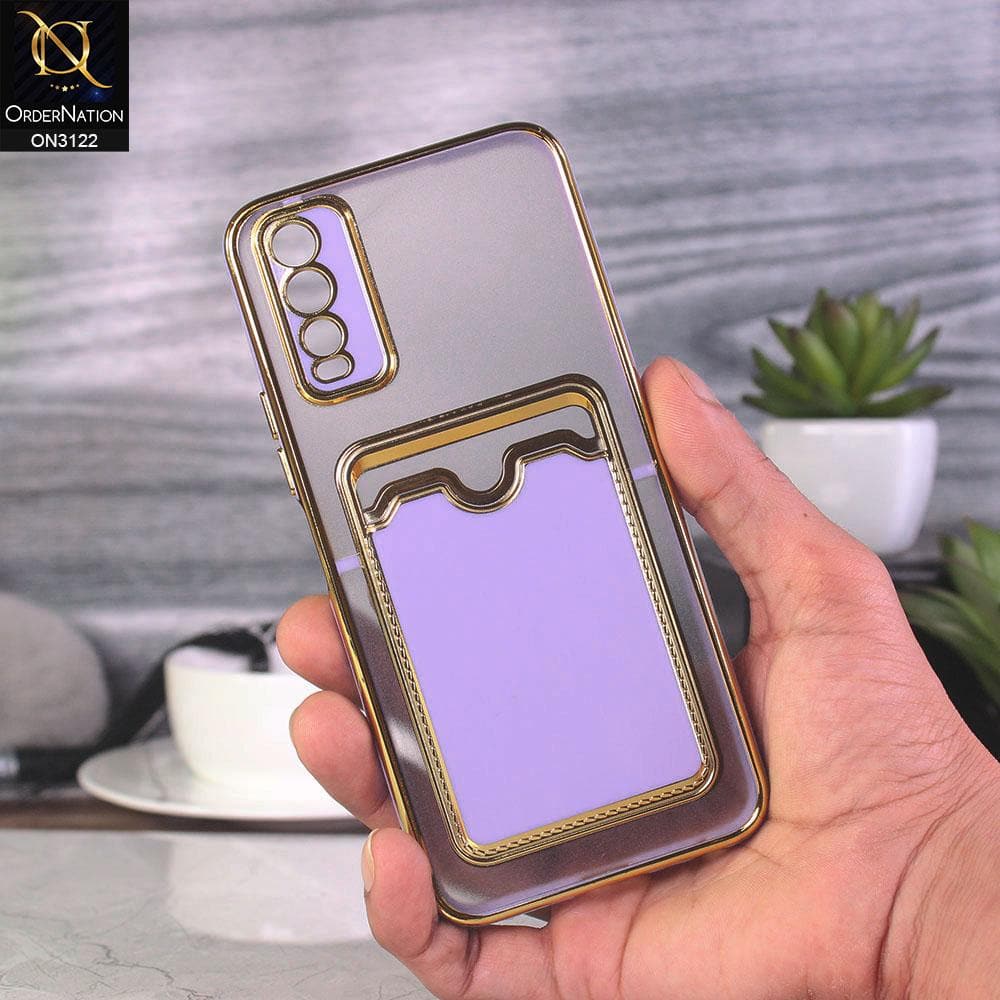 Vivo Y20s Cover - Purple - Semi Transparent Golden Electroplated Soft Border Camera Protection Case With Card Holder