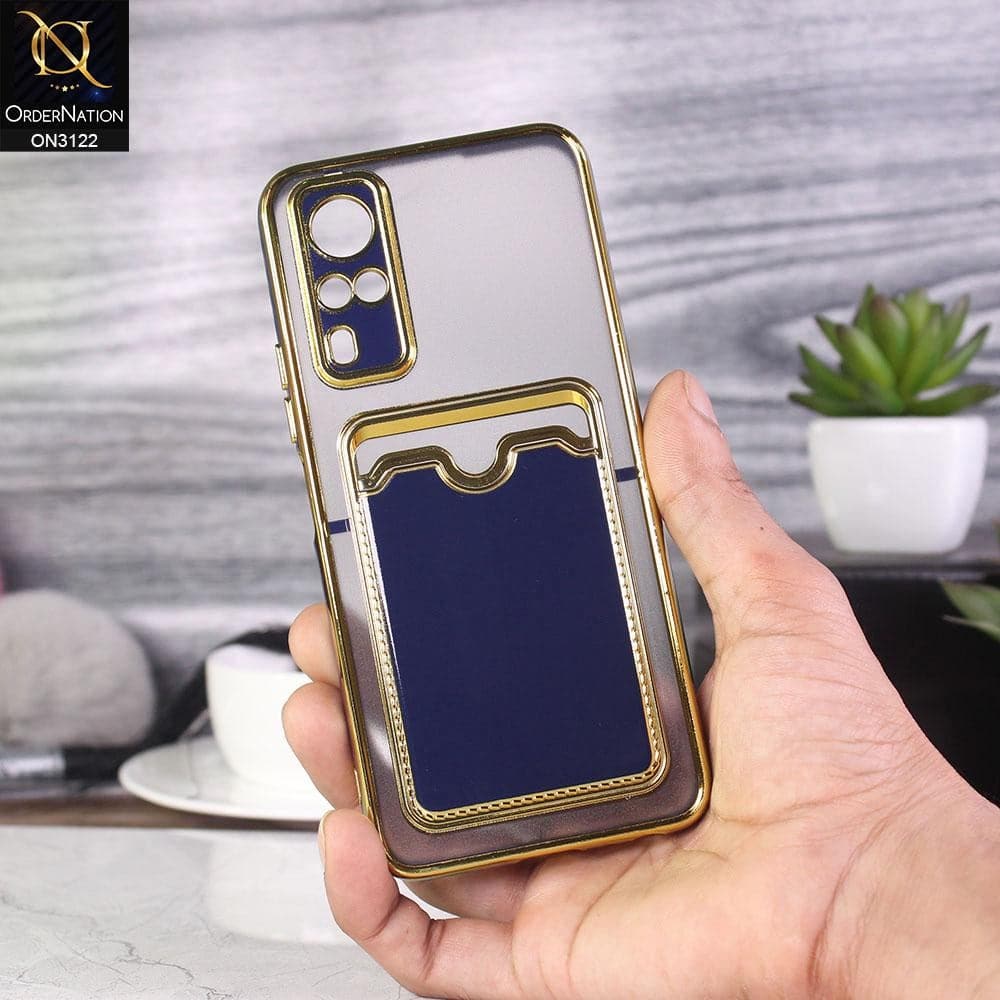 Vivo Y51a Cover - Blue - Semi Transparent Golden Electroplated Soft Border Camera Protection Case With Card Holder