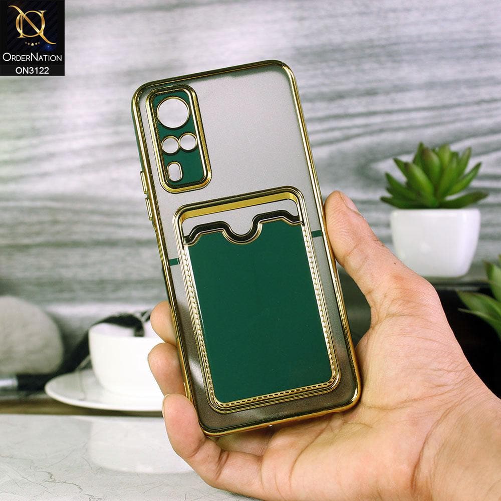 Vivo Y51s Cover - Dark Green - Semi Transparent Golden Electroplated Soft Border Camera Protection Case With Card Holder