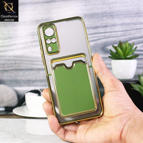 Vivo Y31 Cover - Light Green - Semi Transparent Golden Electroplated Soft Border Camera Protection Case With Card Holder