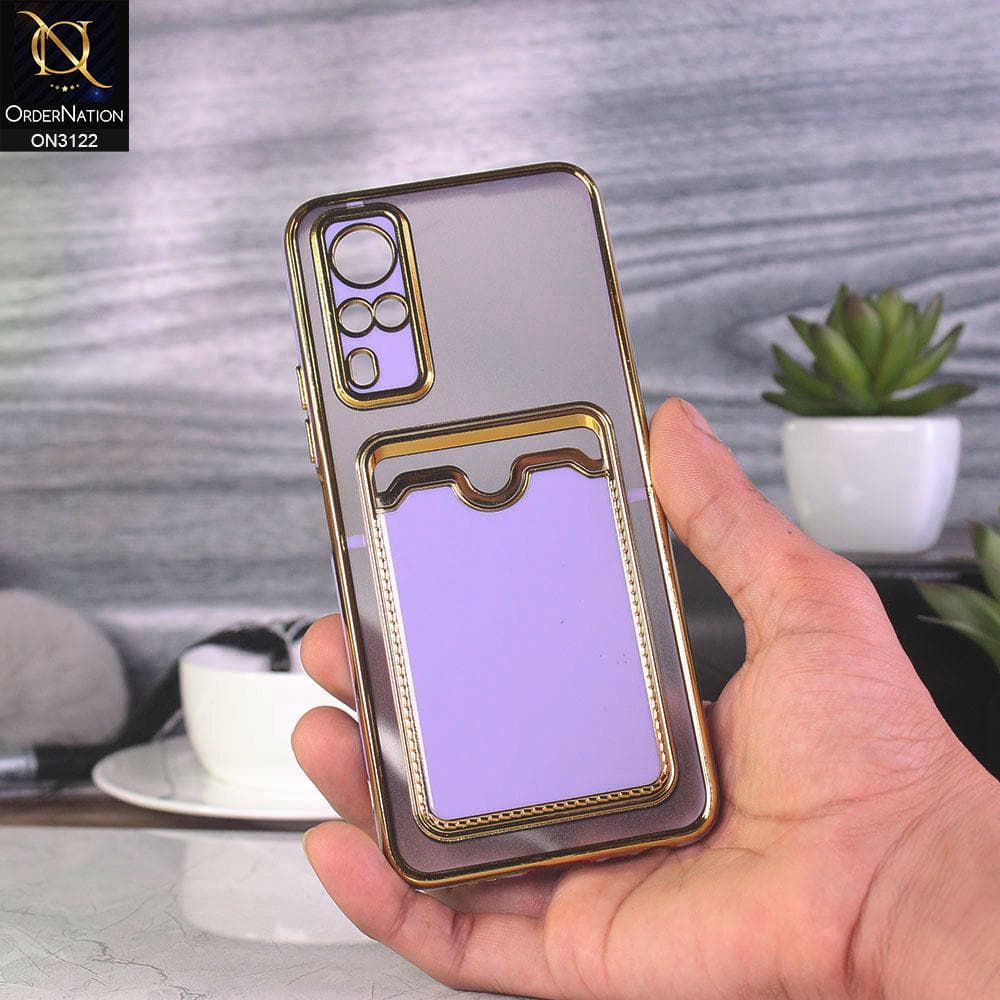 Vivo Y51s Cover - Purple - Semi Transparent Golden Electroplated Soft Border Camera Protection Case With Card Holder