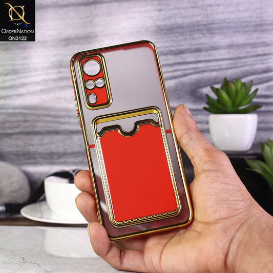 Vivo Y51 (2020 December) Cover - Red - Semi Transparent Golden Electroplated Soft Border Camera Protection Case With Card Holder