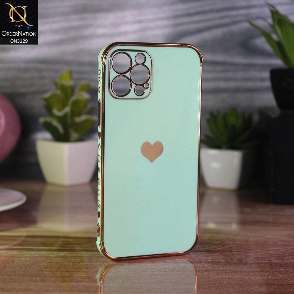 iPhone 13 Pro Max Cover - Mint Green - Electroplated Love Heart Soft Shiny Case