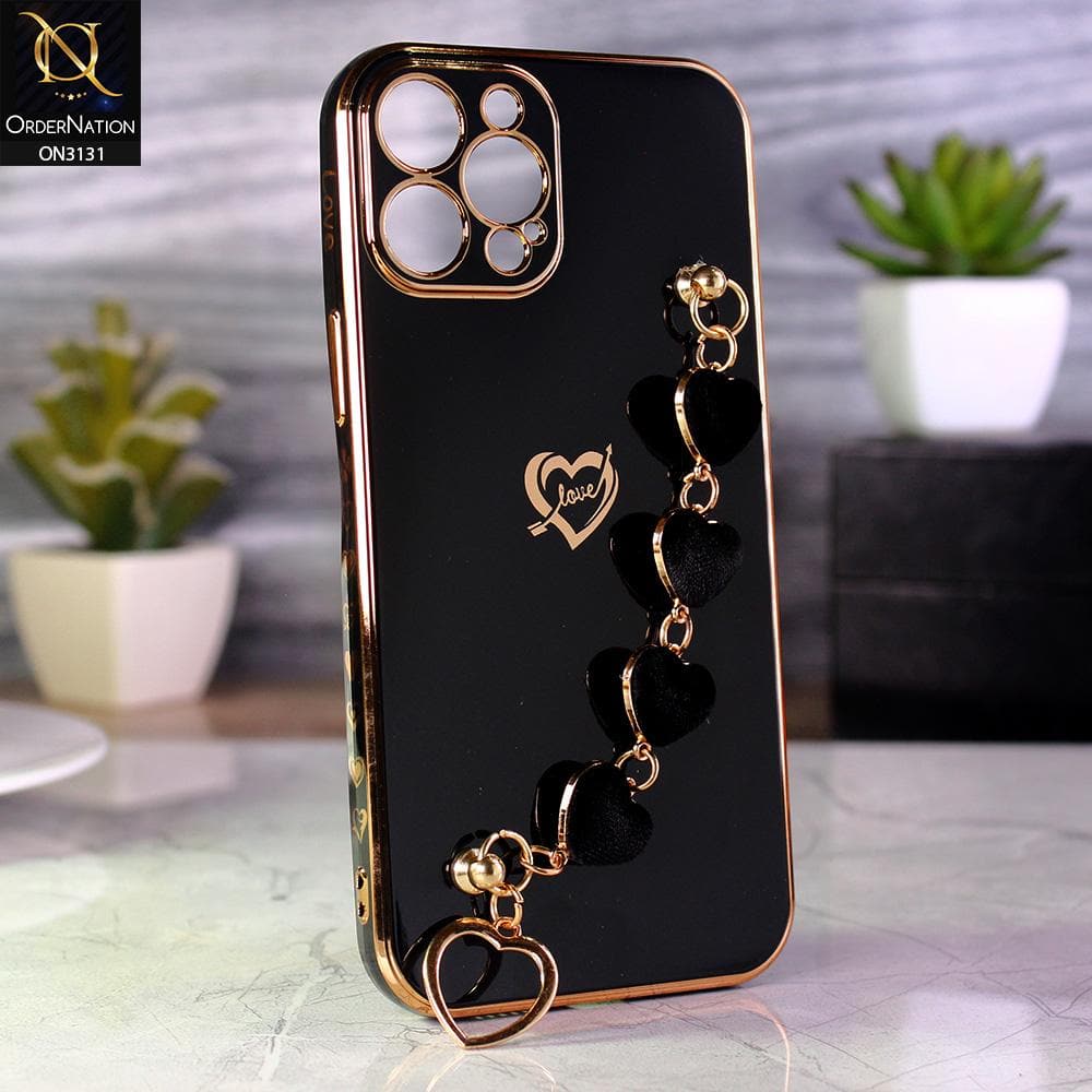iPhone 12 Pro Max Cover - Black - Luxury Electroplated Love Heart Bracelet Soft Shiny Case