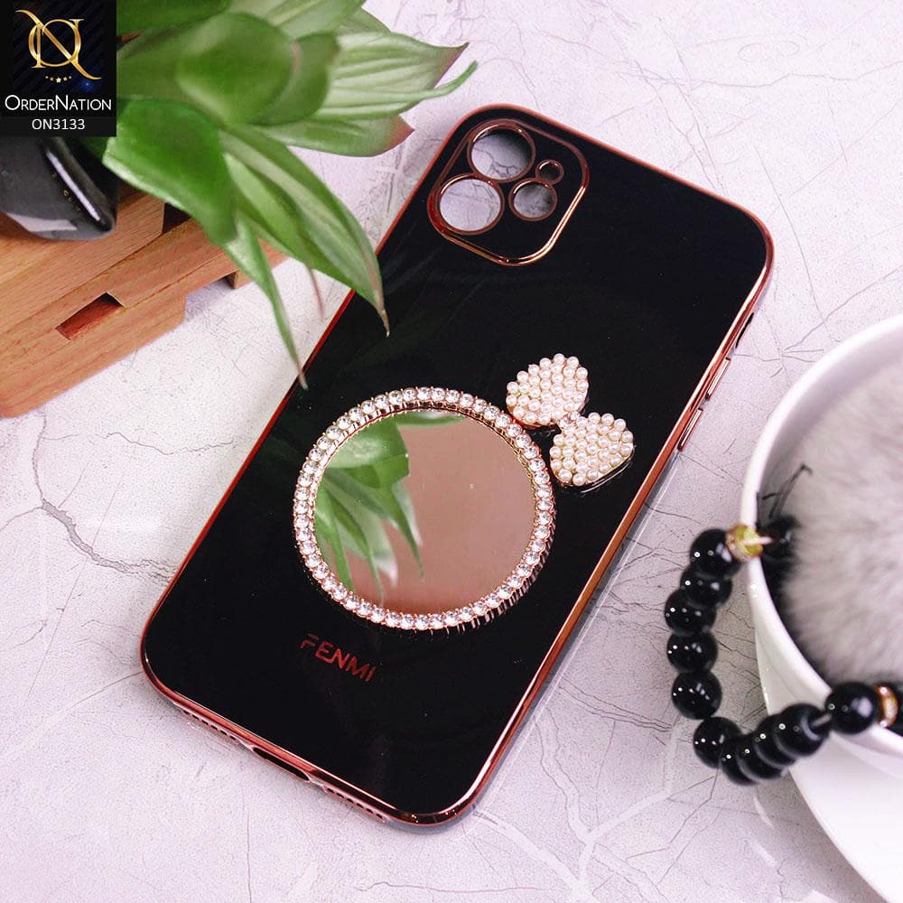 iPhone 11 Cover - Black - Electroplated Borders Diamond Mirror Pearl Bow Shiny Soft Case with Camera Protection