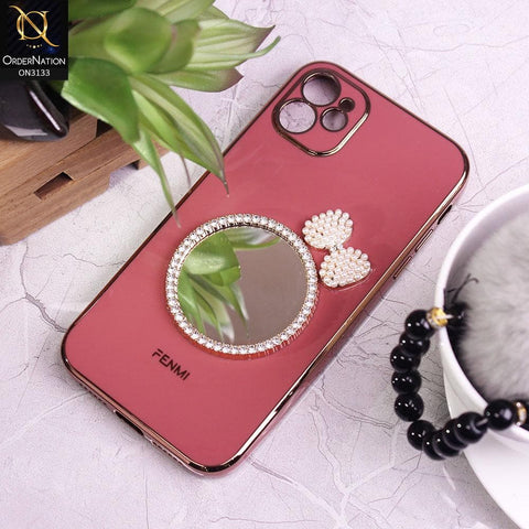 iPhone 11 Cover - Dark Pink - Electroplated Borders Diamond Mirror Pearl Bow Shiny Soft Case with Camera Protection