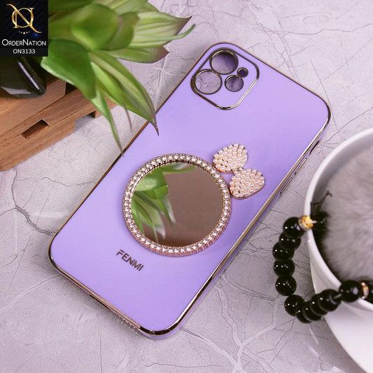 iPhone 11 Cover - Purple - Electroplated Borders Diamond Mirror Pearl Bow Shiny Soft Case with Camera Protection
