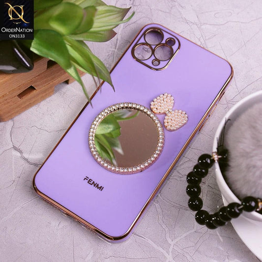 iPhone 11 Pro Cover - Purple - Electroplated Borders Diamond Mirror Pearl Bow Shiny Soft Case with Camera Protection