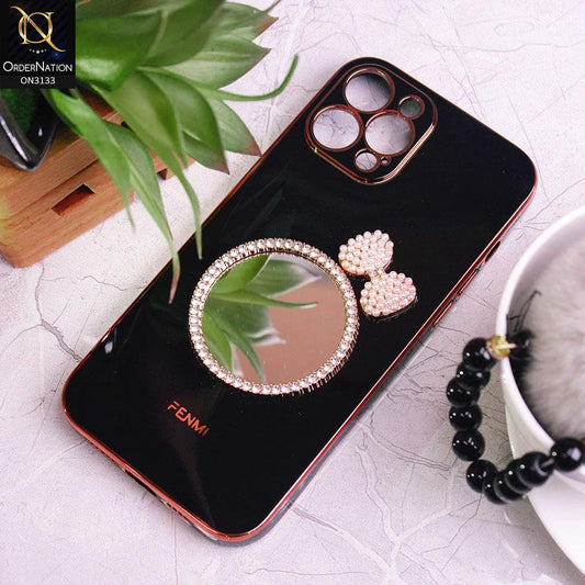 iPhone 12 Pro Cover - Black - Electroplated Borders Diamond Mirror Pearl Bow Shiny Soft Case with Camera Protection