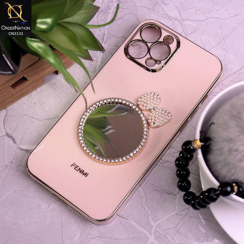 iPhone 12 Pro Max Cover - Pink - Electroplated Borders Diamond Mirror Pearl Bow Shiny Soft Case with Camera Protection