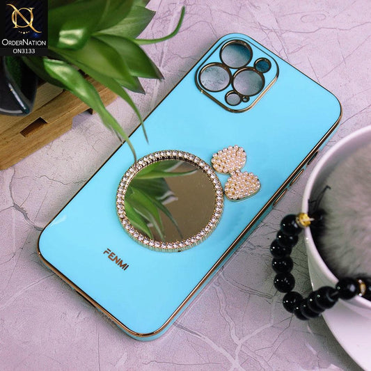 iPhone 12 Pro Max Cover - Sky Blue - Electroplated Borders Diamond Mirror Pearl Bow Shiny Soft Case with Camera Protection