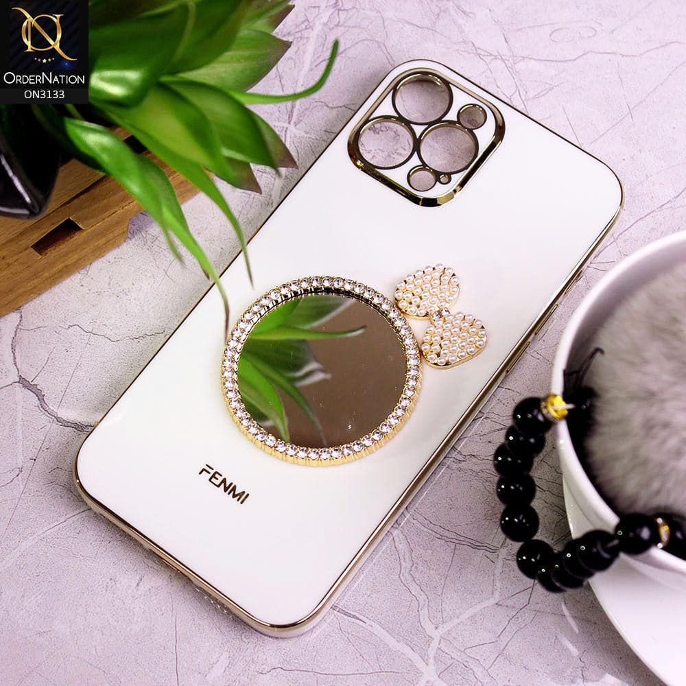 iPhone 12 Pro Max Cover - White - Electroplated Borders Diamond Mirror Pearl Bow Shiny Soft Case with Camera Protection