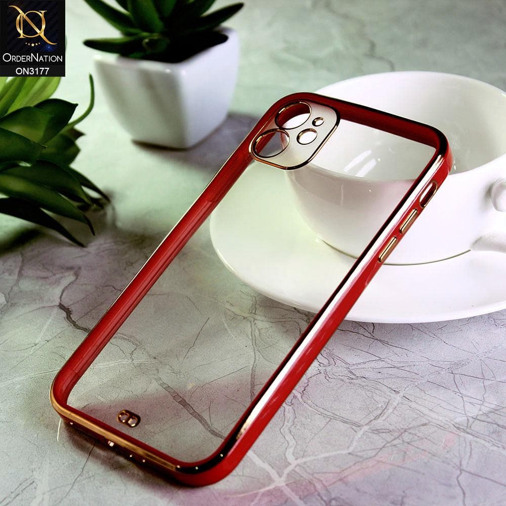 iPhone 11 Cover - Red - Eletroplating Soft Square Straight Edge Transparent Soft Case With Camera Protection