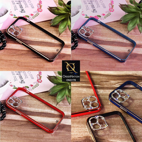 iPhone 11 Pro Max Cover - Black - Electroplating Soft Square Straight Edge Transparent Soft Case With Rhinestone Camera Protection