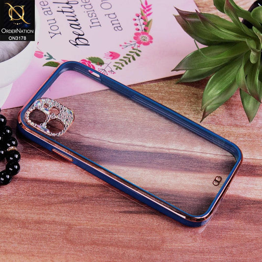 iPhone 11 Cover - Blue - Electroplating Soft Square Straight Edge Transparent Soft Case With Rhinestone Camera Protection