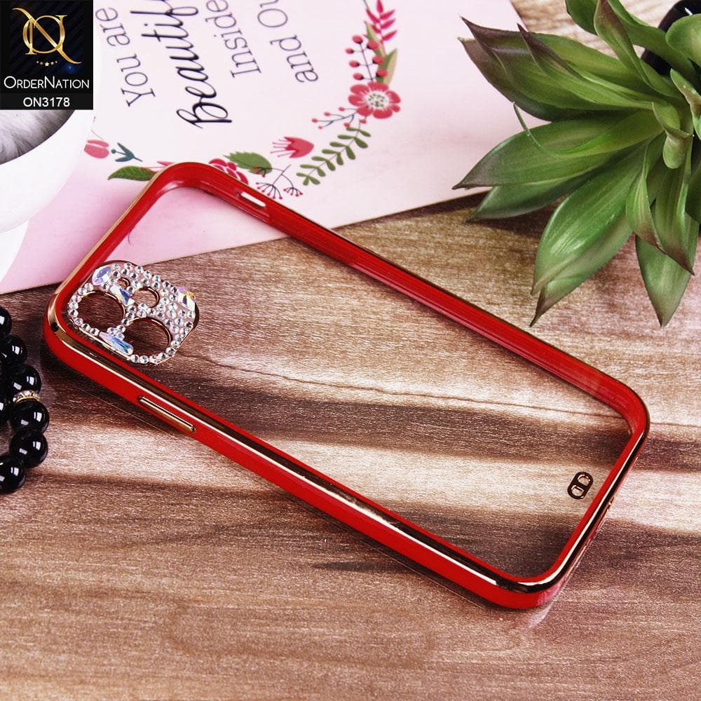 iPhone 11 Cover - Red - Electroplating Soft Square Straight Edge Transparent Soft Case With Rhinestone Camera Protection