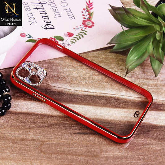 iPhone 11 Cover - Red - Electroplating Soft Square Straight Edge Transparent Soft Case With Rhinestone Camera Protection